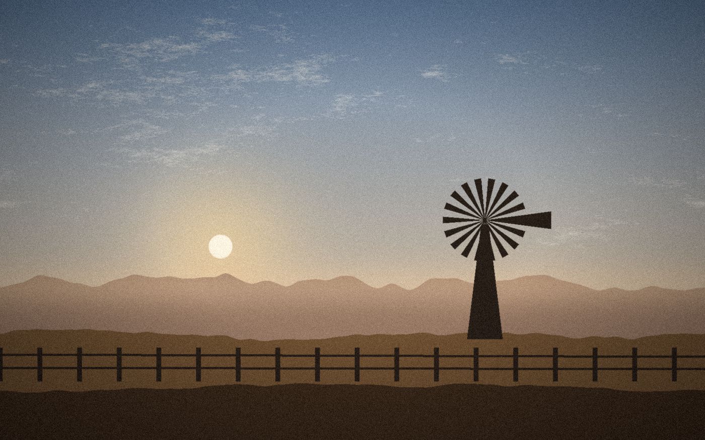 Molino de viento y cerca de madera en una pradera